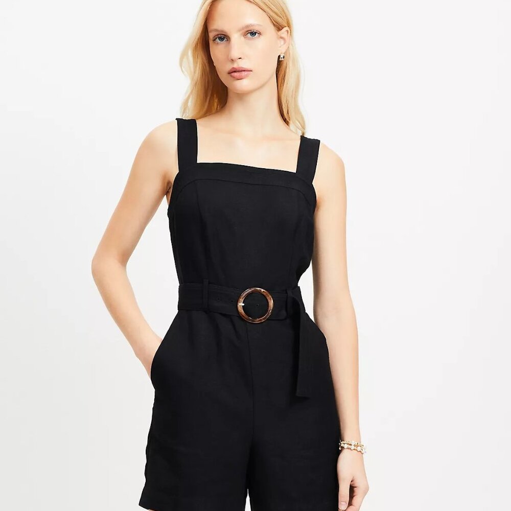 Loft Belted Linen Blend Strappy Romper, Size 2, NWT